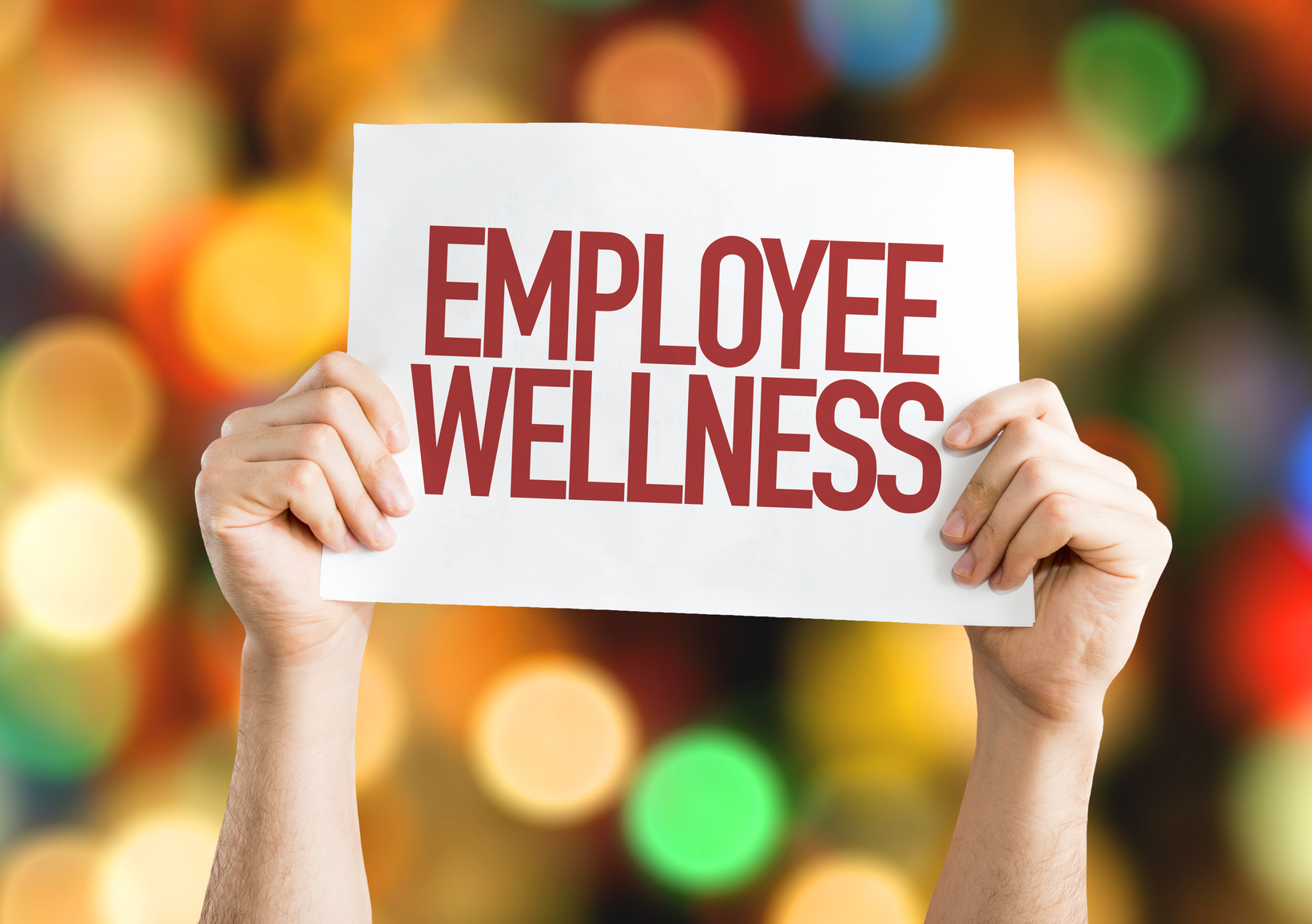  A photo of a person holding a sign that says "Employee Wellness" in front of a blurry background of bokeh lights.